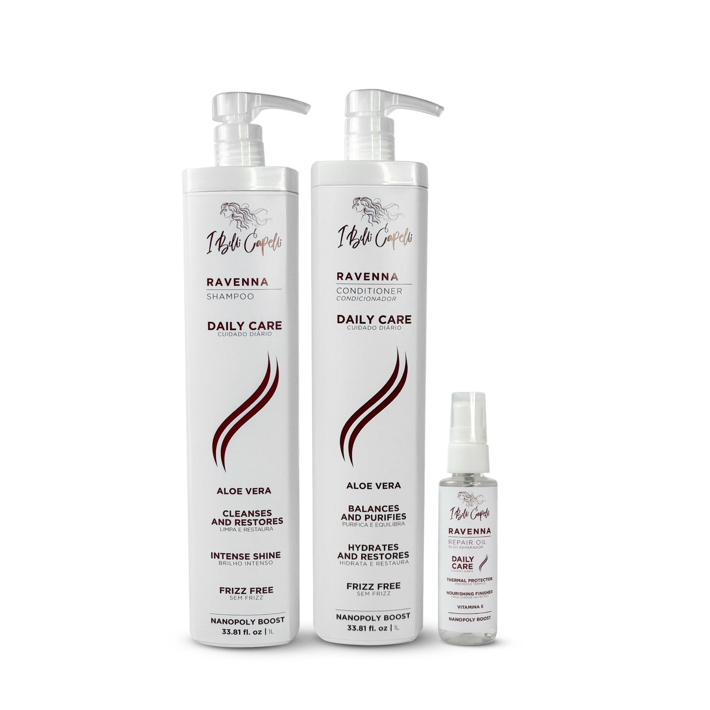 Kit I Belli Capelli Ravenna Daily Care com Aloe Vera – Shampoo + Condicionador + Óleo Repair