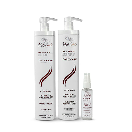 Kit I Belli Capelli Ravenna Daily Care com Aloe Vera – Shampoo + Condicionador + Óleo Repair